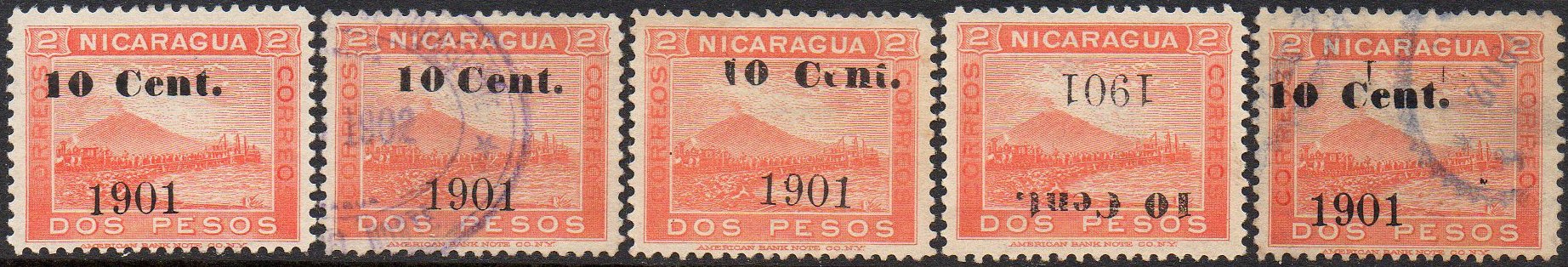 timbres-poste sellos postales stamps Nicaragua Momotombo Volcano & Train 10c/2P 1901 Red surcharge 